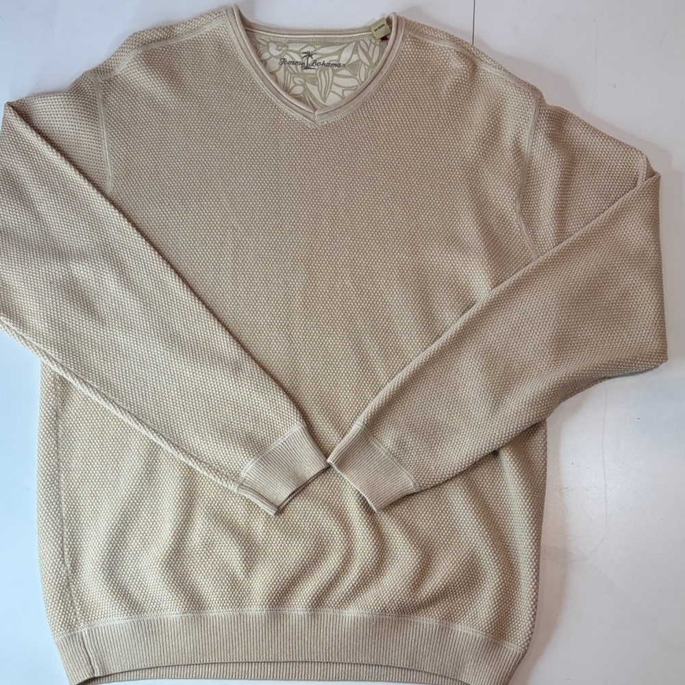 Tommy Bahama Beige Textured Pullover V-Neck Top Sweater Men’s Large EUC